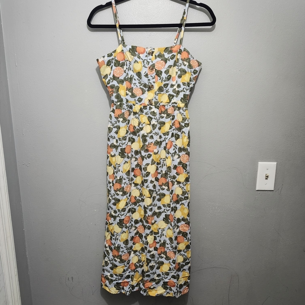 Dip Floral Novelty Fruits Prints Lemon Orange  Midi Dress Linen Blend Size S